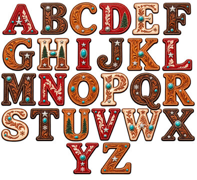 Festive western alphabet from A to Z with tooled leather texture, turquoise gem, silver star, snowflake and Christmas tree decor on transparent