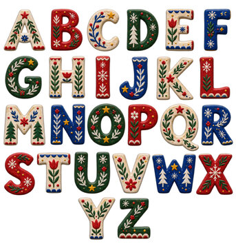 Colorful christmas alphabet gingerbread cookie letter set from A to Z on transparent background. Festive holiday typography decoration for new year and winter celebration greeting card