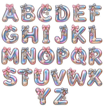Iridescent Christmas balloon alphabet from A to Z decorated with bow, bauble, snowflake and star on transparent background