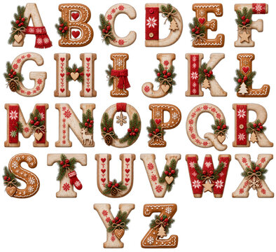 Festive christmas alphabet letters made of gingerbread cookies decorated with pine, berry and scarf on transparent background. Holiday typography set for greeting card and winter celebration