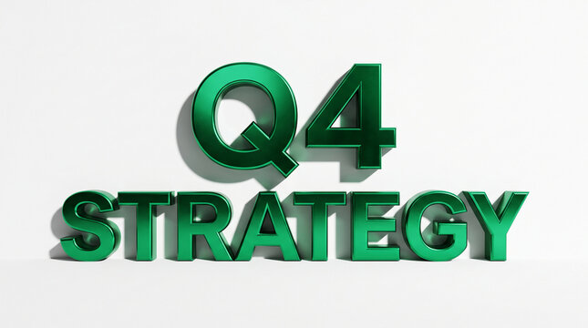Metallic green 3D letters spell "Q4 STRATEGY" on a white surface, symbolizing business planning and financial quarters