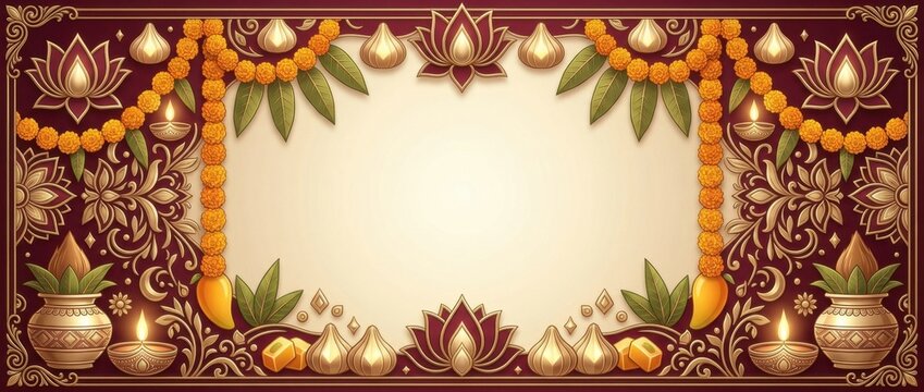 Decorative banner frame with marigold garlands and sacred lamps for religious holiday greeting