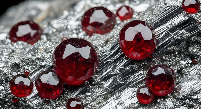 Garnet gemstones scattered on a textured metallic surface with selective focus and macro detail