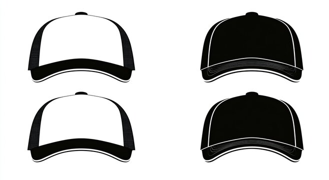 Two baseball caps in white, two in black, each with a contrasting brim detail
