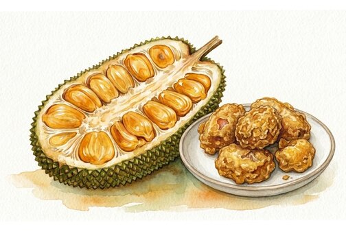 A halved cempedak fruit paired with a plate of golden fried cempedak fritters, a popular Indonesian and Malaysian street snack. Isolated on white, suited for food branding, menus and cultural cuisine.