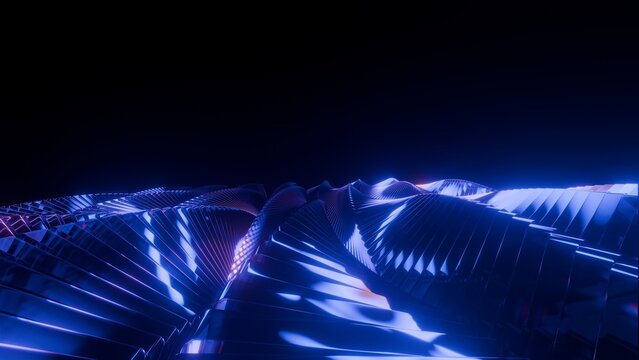 Abstract glowing blue glass twisted wave landscape background with copy space on dark, Futuristic 3D render