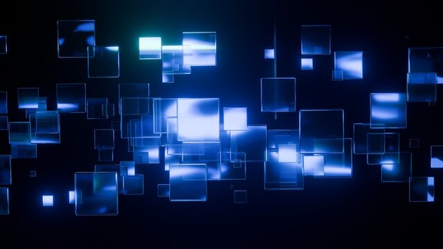 Abstract floating glass cubes background with glowing blue neon light refractions