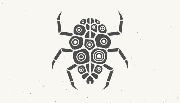 Tribal style artistic illustration of a stylized bug or beetle with circular patterns on ivory background.