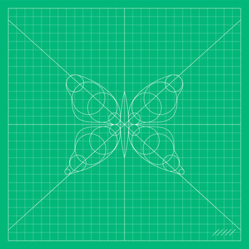Green mathematical grid featuring a symmetrical butterfly constructed from precise geometric lines, surrounded by diagonal guides and coordinate marks, inspired by geometry, mathematics, technical dra