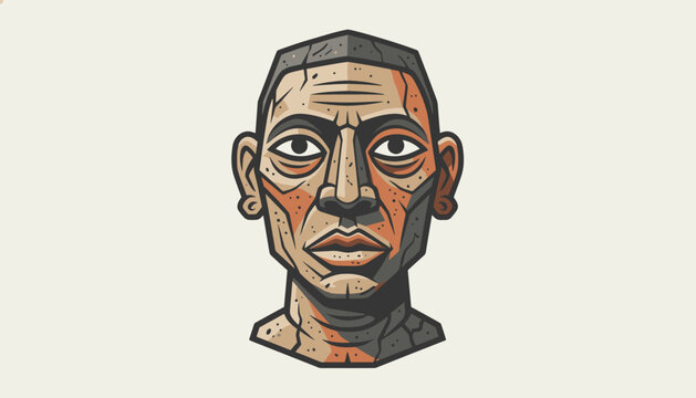 Stylized portrait illustration of a male face with stone texture and cracks over light beige background.