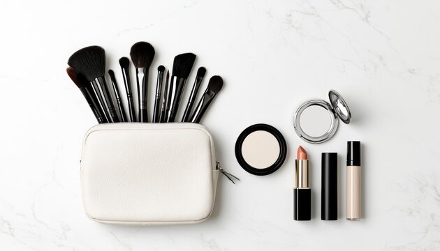 Elegant makeup bag with brushes, lipstick, compact, and foundation