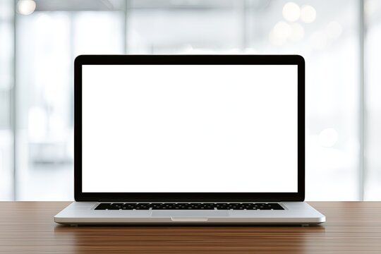 Open laptop with blank screen on a wooden desk, blurred office background