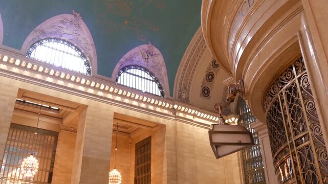 New York City Grand Central Terminal on 42 street, United States. Architecture details inside railway building. Public passenger transportation in NYC, Manhattan Midtown. Railroad station interior.