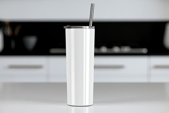 Sleek white insulated tumbler with metal straw rests on kitchen counter