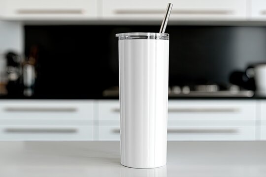 Sleek white insulated tumbler with metal straw sits on a clean kitchen counter