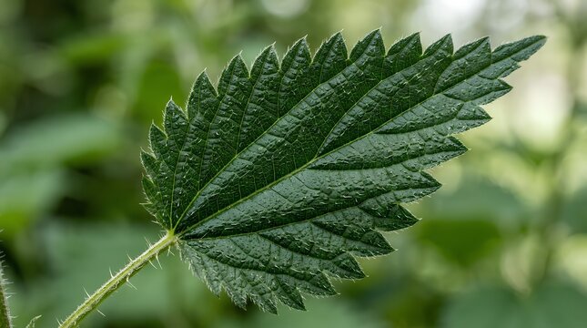 Extreme macro photograph of a single common nettle leaf, its serrated edges and surface hairs sharply in focus against a soft green background