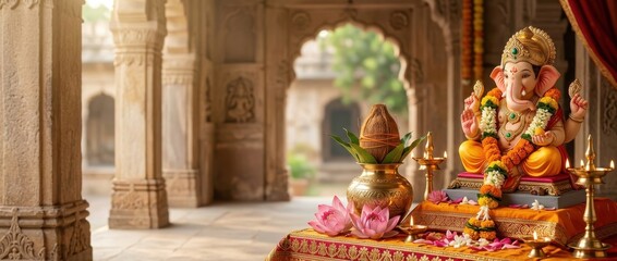 Fototapeta premium Golden deity statue adorned with garlands on an ornate altar with lamps and flowers inside an ancient temple