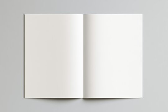 Open, blank white pages of a booklet or magazine on a neutral background