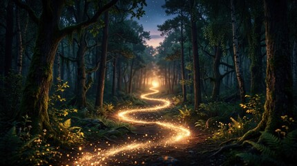 Obraz premium A magical glowing path of golden light winds through an enchanted, mystical forest at twilight.
