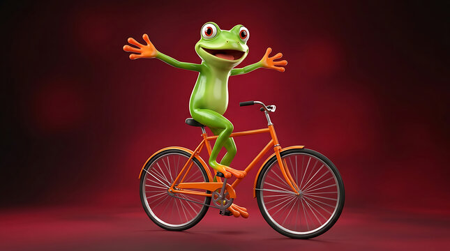 Happy cartoon frog riding a bicycle on a red background, joyfully waving its arms