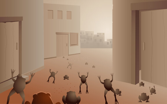 Second plague of Egypt, invasion of frogs, biblical illustration from exodus