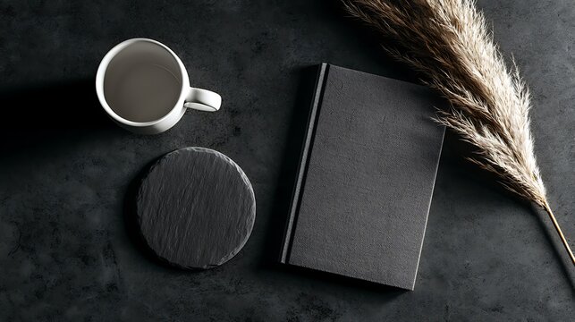coffee cup, book and pampas grass on dark background