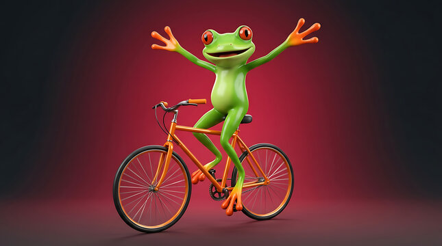 Joyful green frog riding an orange bicycle industrial style copper wire render background