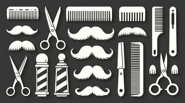 A collection of white barber tools and mustache icons on a dark background.
