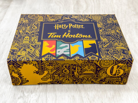 Toronto, Ontario, Canada. August 12, 2026. Angled close-up of a limited-edition Harry Potter x Tim Hortons donut box on a light surface.