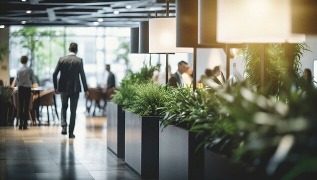 Modern office lobby with business person, indoor plant, and soft lamp light, showing green workspace, sustainability, and eco conscious corporate culture.