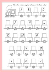 Educational black and white line art worksheet for children to practice writing and completing missing lowercase letters of the alphabet on train cars. Ideal activity sheet for preschool, kindergarten © Fareeha