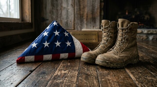 Folded American Flag Beside Worn Military Boots on Rustic Wooden Floor