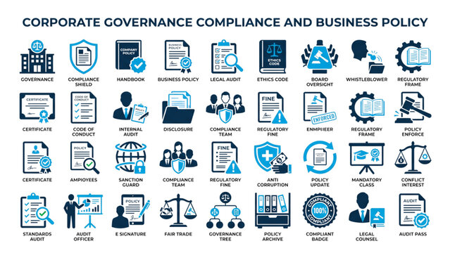 corporate governance and compliance icon set. featuring business policies, legal audits, ethics codes, regulatory frameworks, and board oversight. vector icons for business.