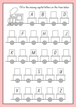 Educational black and white line art worksheet for children to practice writing and completing missing lowercase letters of the alphabet on train cars. Ideal activity sheet for preschool, kindergarten