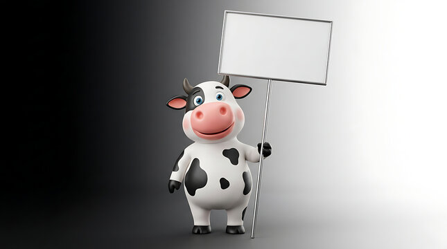 Cute Cartoon Spotted Cow Holding Blank White Signboard for Advertising Copy Space