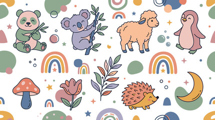 Obraz premium Cute Nursery Baby Animals Seamless Pattern Vector with Panda Koala Sheep Penguin Hedgehog Rainbow Mushroom and Crescent Moon