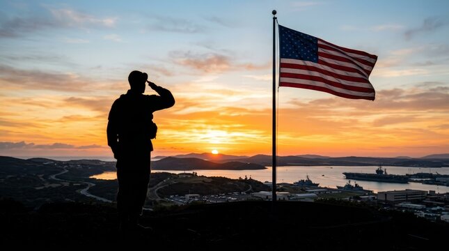 Silhouette of Soldier Saluting American Flag at Sunrise over Harbor