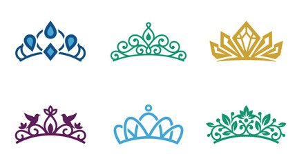 Set of six colorful crown tiara icon collection   Elegant royal headwear vector © degan