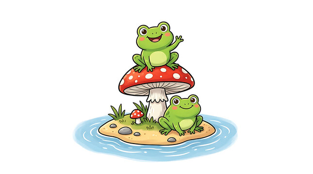 Two Cute Cartoon Frogs Playing Together on a Small Grassy Island with Red Toadstool Mushroom
