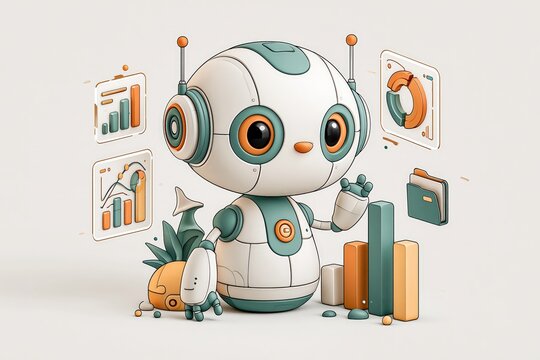 Cute robot analyzing data charts and business analytics infographics