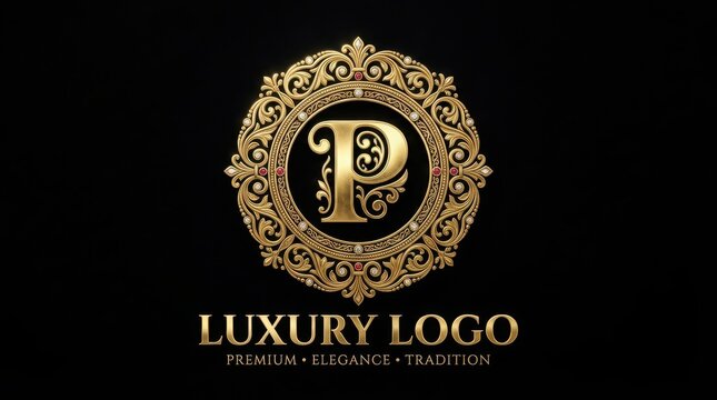 Luxury letter p logo design with ornate gold frame