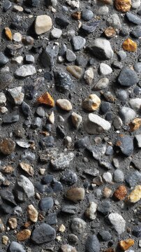 A close-up view of a textured surface featuring embedded pebbles and stones in grey cement, creating a rough background pattern.