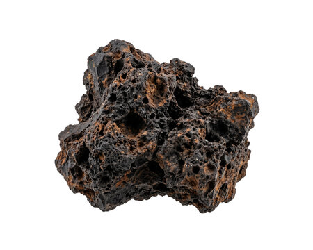 Volcanic scoria fragment with porous texture against a black background