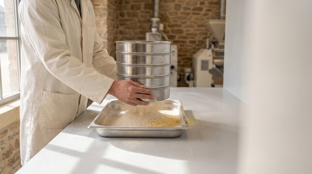 Technician sorts flour fractions through sieve stack