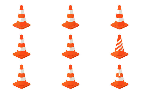 Orange Traffic Cones Set with White Reflective Stripes Isolated