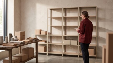 Fototapeta premium Merchandiser plans a modular shelf display in studio