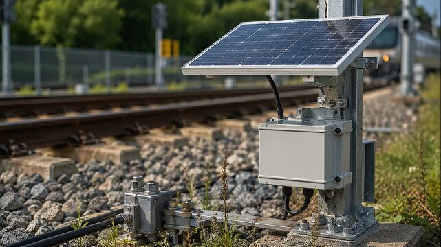 Solar railway signal panel power system near track outdoor landscape, railway solar panel power supply for signal equipment beside track
