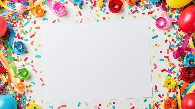 Blank white paper centered within colorful party decoration border for celebration invitation design and festive message copy space