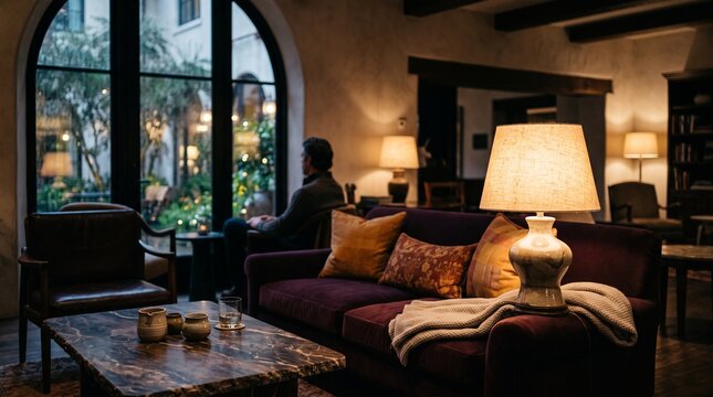 Quiet evening settles over a maximalist hotel lounge