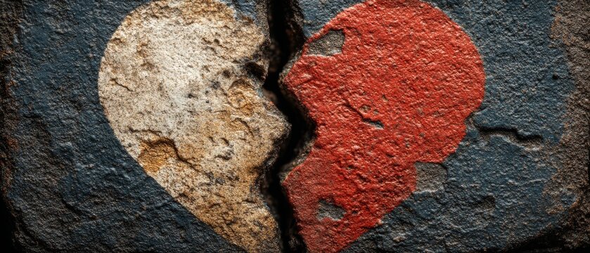 A broken heart painted on a rough stone surface with a deep crack separating the white and red halves against a dark background.
